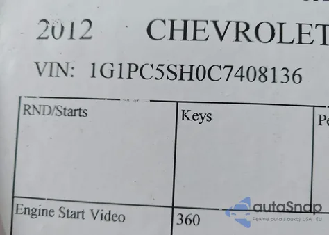 2012 Chevrolet Cruze Ls z USA, uszkodzony, nr VIN 1G1PC5SH0C7408136